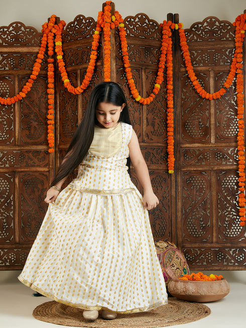 Girl's' Cream And Gold Jacquard Lehenga